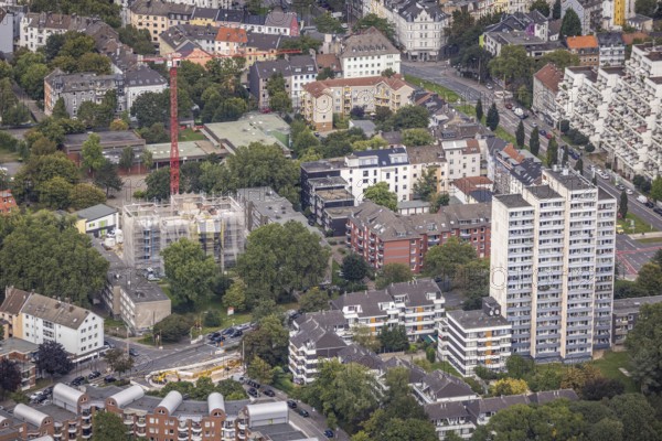 Aerial view, high-rise building on the corner of Heiligegartenstraße and Bornstraße and construction site with new building on Heiligegartenstraße in the Nordstadt district of Dortmund, Ruhr area, North Rhine-Westphalia, Germany, construction work, construction area, construction site, building plots, construction project, construction site, DE, Dortmund, Europe, property tax, high-rise building, real estate, aerial view, aerial photography, aerial photography, overview, bird's eye view, residential complex, living and living, residential area, residential buildings, residential quality, residential neighbourhood, residential estate, birds-eyes view, overview