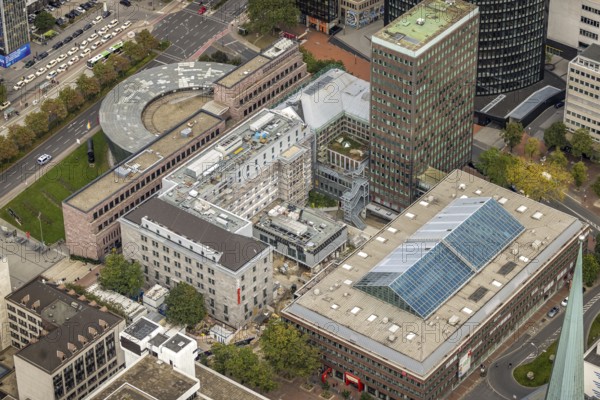 Aerial view, City and State Library Dortmund and construction work at the Sparkasse Dortmund in the City district in Dortmund, Ruhr area, North Rhine-Westphalia, Germany, construction work, construction area, construction site, construction project, construction site, DE, Dortmund, Europe, industrial site, aerial view, aerial photography, aerial photography, Max-Von-Der-Grün-Platz, overview, bird's-eye view, birds-eyes view, overview