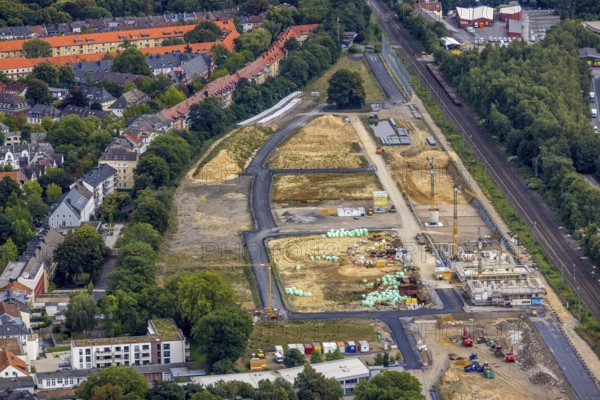 Aerial view, construction site Kronprinzenviertel for new construction of residential units Am Wasserturm Südbahnhof in the district City in Dortmund, Ruhr area, North Rhine-Westphalia, Germany, construction work, building monument, construction, construction area, building site, building plots, construction project, construction site, DE, Dortmund, Europe, aerial view, aerial photography, aerial photography, tower, overview, bird's-eye view, overview