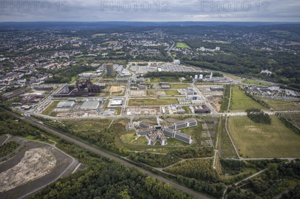 Aerial view, Phönix-West area with Hoesch Gasometer and Wilo Park in the district Hörde in Dortmund, Ruhr area, North Rhine-Westphalia, Germany, DE, Dortmund, Europe, commercial enterprises, commercial area, commercial park, commercial location, commercial use, industrial area, industrial building, industrial location, aerial view, aerial photography, aerial photography, overview, bird's eye view, birds-eyes view, overview