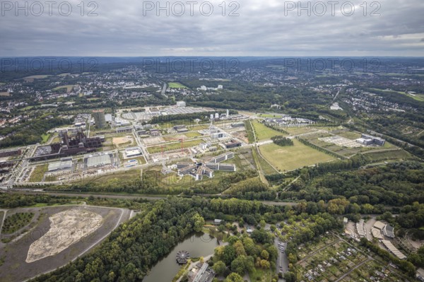 Aerial view, Phönix-West area with Hoesch Gasometer and Wilo Park in the district Hörde in Dortmund, Ruhr area, North Rhine-Westphalia, Germany, DE, Dortmund, Europe, commercial enterprises, commercial area, commercial park, commercial location, commercial use, industrial area, industrial building, industrial location, aerial view, aerial photography, aerial photography, overview, bird's eye view, birds-eyes view, overview