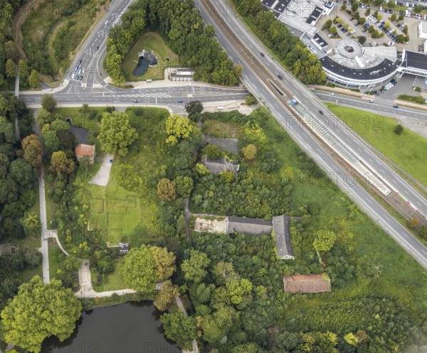 Aerial view, entrance with gatehouse at Rombergpark in the district Hörde in Dortmund, Ruhr area, North Rhine-Westphalia, Germany, DE, Dortmund, Europe, leisure area, leisure park, aerial view, aerial photography, aerial photography, park, overview, bird's-eye view, forest area, birds-eyes view, overview