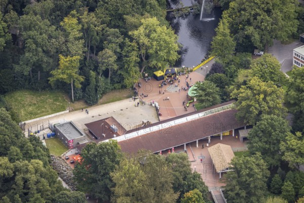Aerial view, BVB 09 information stand and fans at the Flamingo Restaurant in Rombergpark in the Brünninghausen district of Dortmund, Ruhr area, North Rhine-Westphalia, Germany, BVB 09 Borussia Dortmund, DE, Dortmund, Europe, football fans, aerial view, aerial photography, aerial photography, overview, bird's-eye view, overview