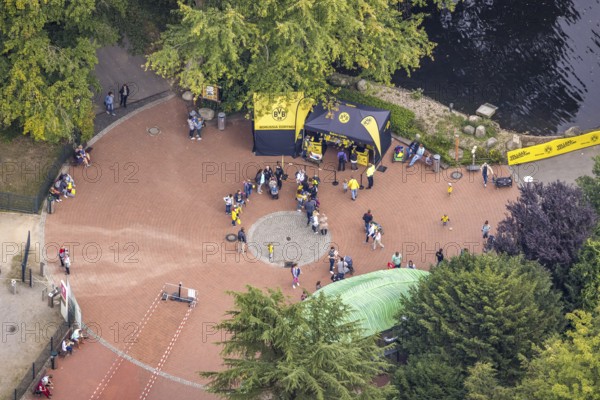 Aerial view, BVB 09 information stand and fans at the Flamingo Restaurant in Rombergpark in the Brünninghausen district of Dortmund, Ruhr area, North Rhine-Westphalia, Germany, BVB 09 Borussia Dortmund, DE, Dortmund, Europe, football fans, aerial view, aerial photography, aerial photography, overview, bird's-eye view, overview
