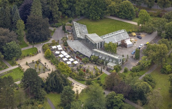 Aerial view, Café Orchidee in Rombergpark in the Brünninghausen district of Dortmund, Ruhr area, North Rhine-Westphalia, Germany, outdoor catering, café, DE, Dortmund, food and drink, Europe, restaurant, gastronomy, aerial photography, aerial photography, aerial photography, restaurant, parasols, overview, bird's-eye view, overview