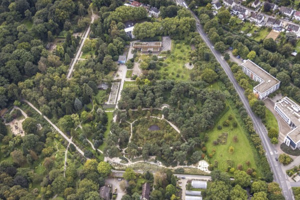 Aerial view, The moor heath landscape and the administration building in Rombergpark in the district Hörde in Dortmund, Ruhr area, North Rhine-Westphalia, Germany, DE, Dortmund, Europe, leisure area, leisure park, aerial view, aerial photography, aerial photography, park, overview, administration, bird's eye view, forest area, birds-eyes view, overview
