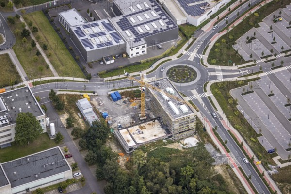 Aerial view, Phönix-West area with construction site for new building at the roundabout Nortkirchenstraße and Olof-palm tree-Straße in the district Hörde in Dortmund, Ruhr area, North Rhine-Westphalia, Germany, construction work, construction area, building site, building plots, construction project, construction site, DE, Dortmund, Europe, railway tracks, aerial view, aerial photography, aerial photography, new building, overview, bird's-eye view, overview