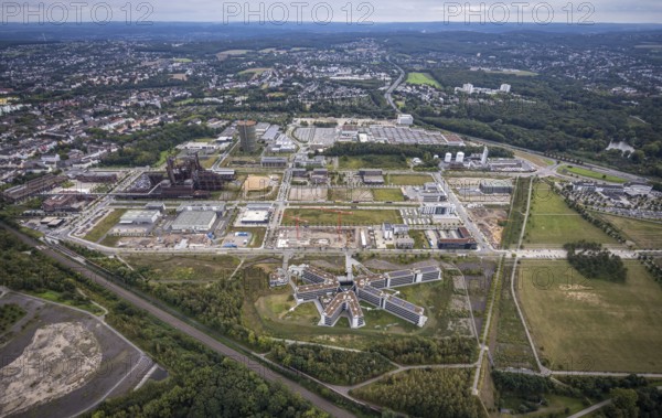 Aerial view, Phönix-West area with Hoesch Gasometer and Wilo Park in the district Hörde in Dortmund, Ruhr area, North Rhine-Westphalia, Germany, DE, Dortmund, Europe, commercial enterprises, commercial area, commercial park, commercial location, commercial use, industrial area, industrial building, industrial location, aerial view, aerial photography, aerial photography, overview, bird's eye view, birds-eyes view, overview