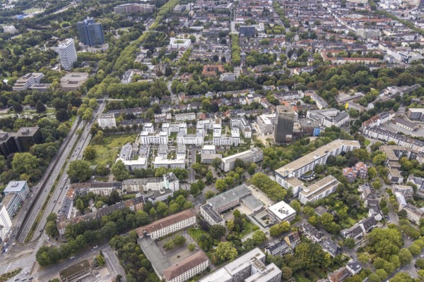 Aerial view, new office park at the Kronenburg on the site of the former Kronenbrauerei between Märkische Straße and Kronenstraße in the Westfalendamm district of Dortmund, Ruhr area, North Rhine-Westphalia, Germany, demolition, DE, Dortmund, Europe, commercial enterprises, commercial area, commercial park, commercial location, commercial use, industrial area, industrial location, aerial view, aerial photography, aerial photography, Kronenbrauerei tower, overview, bird's-eye view, bird's-eye view, overview