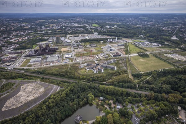 Aerial view, Phönix-West area with Hoesch Gasometer and Wilo Park in the district Hörde in Dortmund, Ruhr area, North Rhine-Westphalia, Germany, DE, Dortmund, Europe, commercial enterprises, commercial area, commercial park, commercial location, commercial use, industrial area, industrial building, industrial location, aerial view, aerial photography, aerial photography, overview, bird's eye view, birds-eyes view, overview