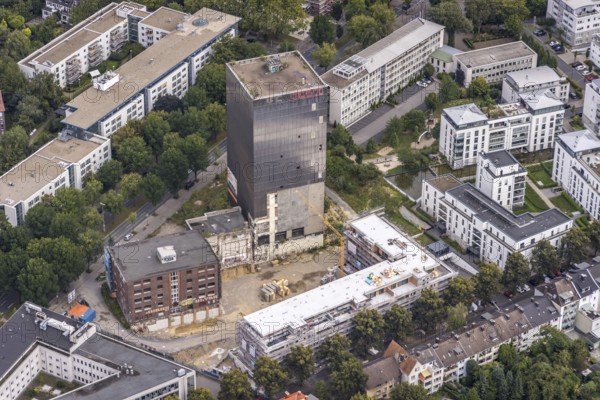 Aerial view, new office park at the Kronenburg on the site of the former Kronenbrauerei between Märkische Straße and Kronenstraße in the Ruhrallee district of Dortmund, Ruhr area, North Rhine-Westphalia, Germany, demolition, DE, Dortmund, Europe, commercial enterprises, commercial area, commercial park, commercial location, commercial use, industrial area, industrial location, aerial view, aerial photography, aerial photography, Kronenbrauerei tower, overview, bird's-eye view, bird's-eye view, overview