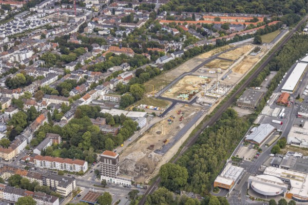 Aerial view, construction site Kronprinzenviertel for new construction of residential units Am Wasserturm Südbahnhof in the district City in Dortmund, Ruhr area, North Rhine-Westphalia, Germany, construction work, building monument, construction, construction area, building site, building plots, construction project, construction site, DE, monument, Dortmund, Europe, aerial view, aerial photography, aerial photography, tower, overview, bird's-eye view, overview