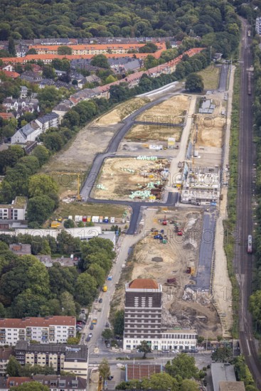 Aerial view, construction site Kronprinzenviertel for new construction of residential units Am Wasserturm Südbahnhof in the district City in Dortmund, Ruhr area, North Rhine-Westphalia, Germany, construction work, building monument, construction, construction area, building site, building plots, construction project, construction site, DE, monument, Dortmund, Europe, aerial view, aerial photography, aerial photography, tower, overview, bird's-eye view, overview