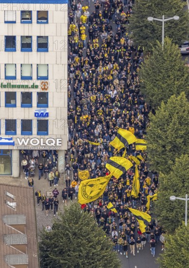 Aerial photo, BVB fans on their way to the BVB 09 football match in the City district of Dortmund, Ruhr area, North Rhine-Westphalia, Germany, BVB 09 Borussia Dortmund, DE, Dortmund, Europe, football fans, aerial photo, aerial photography, aerial photography, overview, bird's-eye view, overview