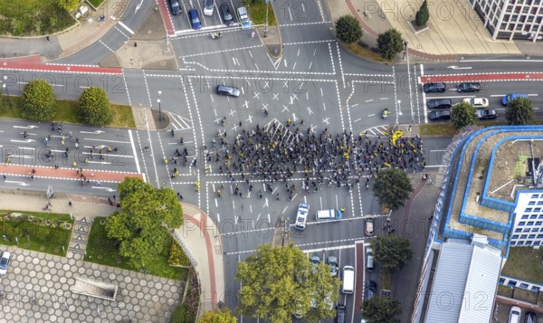 Aerial photo, BVB fans on their way to the BVB 09 football match in the City district of Dortmund, Ruhr area, North Rhine-Westphalia, Germany, BVB 09 Borussia Dortmund, DE, Dortmund, Europe, football fans, aerial photo, aerial photography, aerial photography, overview, bird's-eye view, overview