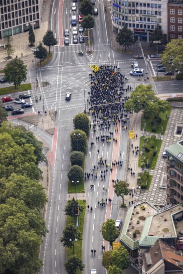 Aerial photo, BVB fans on their way to the BVB 09 football match in the City district of Dortmund, Ruhr area, North Rhine-Westphalia, Germany, BVB 09 Borussia Dortmund, DE, Dortmund, Europe, football fans, aerial photo, aerial photography, aerial photography, overview, bird's-eye view, overview