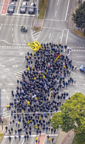 Aerial photo, BVB fans on their way to the BVB 09 football match in the City district of Dortmund, Ruhr area, North Rhine-Westphalia, Germany, BVB 09 Borussia Dortmund, DE, Dortmund, Europe, football fans, aerial photo, aerial photography, aerial photography, overview, bird's-eye view, overview