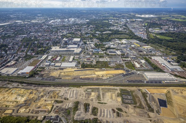 Aerial view, construction site at the old Westfalenhütte with Siemens Rail Service Centre in the district Borsigplatz in Dortmund, Ruhr area, North Rhine-Westphalia, Germany, construction area, construction site, building plots, construction project, construction site, brownfield site, DE, Dortmund, Europe, commercial enterprises, commercial area, commercial area, commercial site, commercial use, industrial area, industrial site, aerial view, aerial photography, aerial photography, overview, bird's eye view, birds-eyes view, overview