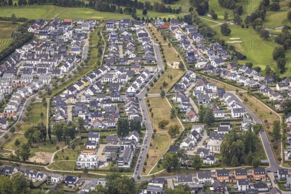 Aerial view, housing estate with tree avenue and air corridors between Theodor-Blank-Allee and Heinrich-Czerkus-Allee in the district Brackel in Dortmund, Ruhr area, North Rhine-Westphalia, Germany, tree avenue, DE, Dortmund, Europe, property tax, real estate, aerial view, aerial photography, aerial photography, overview, bird's eye view, housing estate, living and living, residential area, residential buildings, quality of living, residential neighbourhood, housing estate, birds-eyes view, green planting, green lung, overview