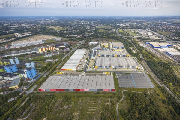 Aerial view, Amazon Logistics Dortmund DTM2 in the district Borsigplatz in Dortmund, Ruhr area, North Rhine-Westphalia, Germany, DE, Dortmund, Europe, commercial enterprises, commercial area, commercial area, commercial location, commercial use, industrial area, industrial location, logistics, logistics service, logistics service provider, logistics provider, logistics centre, aerial view, aerial photography, aerial photography, transport service, overview, bird's eye view, birds-eyes view, overview