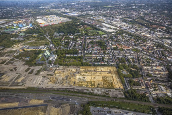 Aerial view, construction site at the old Westfalenhütte in the district Nordmarkt in Dortmund, Ruhr area, North Rhine-Westphalia, Germany, construction area, construction site, building plots, construction project, construction site, brownfield, DE, Dortmund, Europe, commercial enterprises, commercial area, commercial area, commercial site, commercial use, industrial area, industrial site, aerial view, aerial photography, aerial photography, overview, bird's-eye view, overview, thyssenkrupp Steel Europe