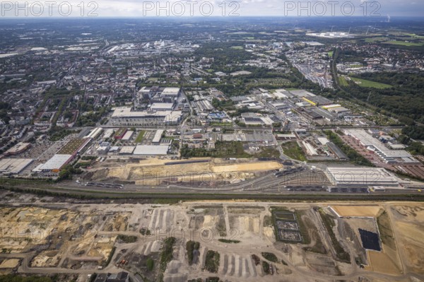 Aerial view, construction site at the old Westfalenhütte with Siemens Rail Service Centre in the district Borsigplatz in Dortmund, Ruhr area, North Rhine-Westphalia, Germany, construction area, construction site, building plots, construction project, construction site, brownfield site, DE, Dortmund, Europe, commercial enterprises, commercial area, commercial area, commercial site, commercial use, industrial area, industrial site, aerial view, aerial photography, aerial photography, overview, bird's eye view, birds-eyes view, overview