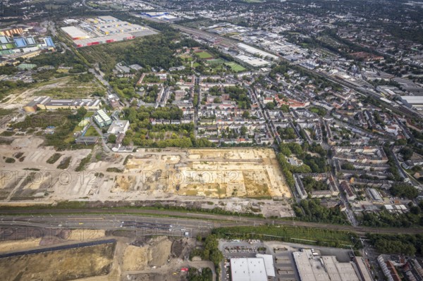 Aerial view, construction site at the old Westfalenhütte in the district Nordmarkt in Dortmund, Ruhr area, North Rhine-Westphalia, Germany, construction area, construction site, building plots, construction project, construction site, brownfield, DE, Dortmund, Europe, commercial enterprises, commercial area, commercial area, commercial site, commercial use, industrial area, industrial site, aerial view, aerial photography, aerial photography, overview, bird's-eye view, overview, thyssenkrupp Steel Europe