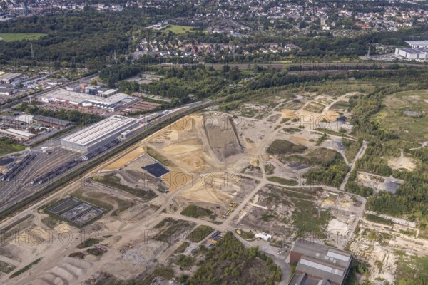 Aerial view, construction site at the old Westfalenhütte with Siemens Rail Service Centre in the district Borsigplatz in Dortmund, Ruhr area, North Rhine-Westphalia, Germany, construction area, construction site, building plots, construction project, construction site, brownfield site, DE, Dortmund, Europe, commercial enterprises, commercial area, commercial area, commercial site, commercial use, industrial area, industrial site, aerial view, aerial photography, aerial photography, overview, bird's eye view, birds-eyes view, overview