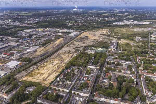 Aerial view, construction site at the old Westfalenhütte in the district Borsigplatz in Dortmund, Ruhr area, North Rhine-Westphalia, Germany, construction area, construction site, building plots, construction project, construction site, brownfield, DE, Dortmund, Europe, commercial enterprises, commercial area, commercial area, commercial site, commercial use, industrial area, industrial site, aerial view, aerial photography, aerial photography, overview, bird's eye view, birds-eyes view, overview