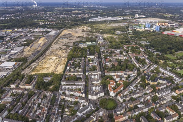 Aerial view, construction site at the old Westfalenhütte in the district Borsigplatz in Dortmund, Ruhr area, North Rhine-Westphalia, Germany, construction area, construction site, building plots, construction project, construction site, Borsigplatz, brownfield site, DE, Dortmund, Europe, commercial enterprises, commercial area, commercial area, commercial site, commercial use, industrial area, industrial site, aerial view, aerial photography, aerial photography, overview, bird's eye view, birds-eyes view, overview