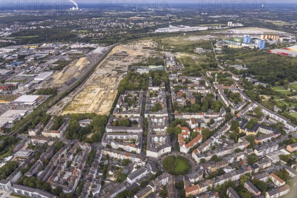 Aerial view, construction site at the old Westfalenhütte in the district Borsigplatz in Dortmund, Ruhr area, North Rhine-Westphalia, Germany, construction area, construction site, building plots, construction project, construction site, Borsigplatz, brownfield site, DE, Dortmund, Europe, commercial enterprises, commercial area, commercial area, commercial site, commercial use, industrial area, industrial site, aerial view, aerial photography, aerial photography, overview, bird's eye view, birds-eyes view, overview