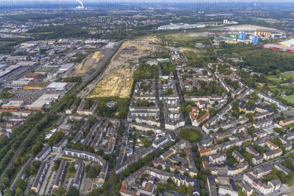 Aerial view, construction site at the old Westfalenhütte in the district Borsigplatz in Dortmund, Ruhr area, North Rhine-Westphalia, Germany, construction area, construction site, building plots, construction project, construction site, Borsigplatz, brownfield site, DE, Dortmund, Europe, commercial enterprises, commercial area, commercial area, commercial site, commercial use, industrial area, industrial site, aerial view, aerial photography, aerial photography, overview, bird's eye view, birds-eyes view, overview