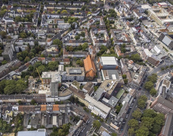 Aerial view, Church of Our Lady of the Holy Sepulchre on Amalienstrasse and building site at St. Johannes Hospital in the City district of Dortmund, Ruhr area, North Rhine-Westphalia, Germany, place of worship, construction work, construction area, construction site, construction measure, construction project, construction site, DE, Dortmund, Europe, healthcare, religious community, place of worship, holy place, hospital, church, parish, clinic, clinic centre, denomination, hospital, hospital, aerial view, aerial photography, aerial photography, medical facility, medical aid, religion, religious site, overview, bird's-eye view, birds-eyes view, overview, medical care