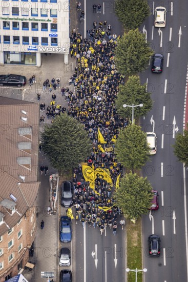 Aerial photo, BVB fans on their way to the BVB 09 football match in the City district of Dortmund, Ruhr area, North Rhine-Westphalia, Germany, BVB 09 Borussia Dortmund, DE, Dortmund, Europe, football fans, aerial photo, aerial photography, aerial photography, overview, bird's-eye view, overview