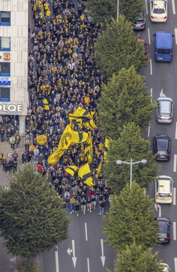 Aerial photo, BVB fans on their way to the BVB 09 football match in the City district of Dortmund, Ruhr area, North Rhine-Westphalia, Germany, BVB 09 Borussia Dortmund, DE, Dortmund, Europe, football fans, aerial photo, aerial photography, aerial photography, overview, bird's-eye view, overview