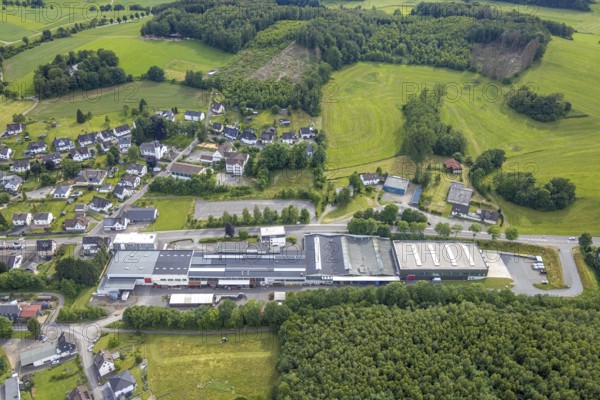 Aerial view, company premises Heinrich Huhn metal processing company, Hützemert, Drolshagen, Sauerland, North Rhine-Westphalia, Germany, tree dieback, bark beetle damage, bark beetle infestation, DE, Europe, commercial enterprises, commercial area, commercial site, commercial use, industrial area, industrial building, industrial site, clear-cutting, aerial photograph, aerial photography, aerial photography, overview, bird's-eye view, forest, forest damage, forest dieback, bird's-eye view, overview