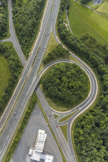 Aerial view, motorway junction Drolshagen, motorway A45 with petrol station and roundabout, Germinghausen, Drolshagen, Sauerland, North Rhine-Westphalia, Germany, motorway A45, DE, Europe, shapes and colours, aerial view, aerial photography, aerial photography, overview, bird's-eye view, overview