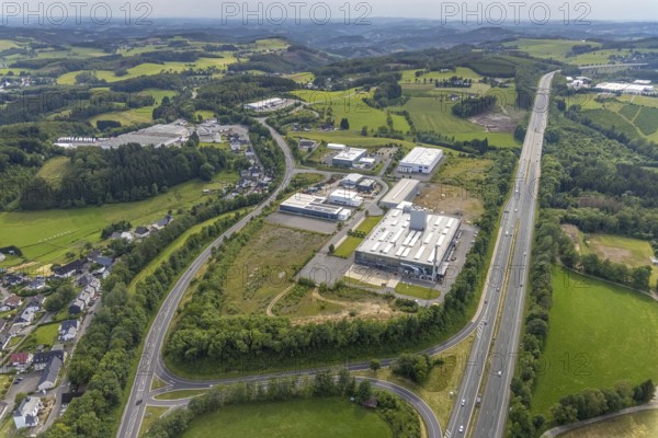 Aerial view, industrial area Buchholz, Ohm und Häner Metallwerk, Theile Metallverarbeitung, Püttmann GmbH, Germinghausen, Drolshagen, Sauerland, North Rhine-Westphalia, Germany, brownfield, DE, Europe, commercial enterprises, commercial area, commercial site, commercial use, industrial area, industrial site, aerial view, aerial photography, aerial photography, overview, bird's-eye view, overview