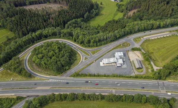 Aerial view, motorway junction Drolshagen, motorway A45 with petrol station and roundabout, Germinghausen, Drolshagen, Sauerland, North Rhine-Westphalia, Germany, motorway A45, DE, Europe, shapes and colours, aerial view, aerial photography, aerial photography, overview, bird's-eye view, overview