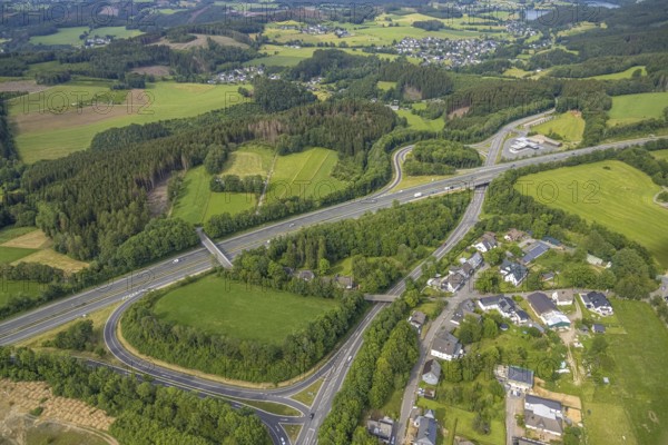Aerial view, motorway junction Drolshagen, motorway A45 with petrol station and roundabout, Germinghausen, Drolshagen, Sauerland, North Rhine-Westphalia, Germany, motorway A45, DE, Europe, aerial view, aerial photography, aerial photography, overview, bird's-eye view, overview