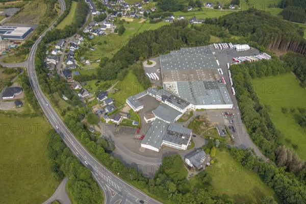 Aerial view, Heuel Logistik warehouse, Alte Dorfstraße, Germinghausen, Drolshagen, Sauerland, North Rhine-Westphalia, Germany, DE, Europe, freight transport, truck, logistics, logistics service, logistics service provider, logistics provider, logistics centre, aerial view, aerial photography, aerial photography, freight forwarding, transport service, overview, bird's-eye view, overview