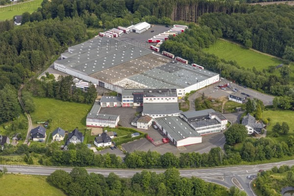 Aerial view, Heuel Logistik warehouse, Alte Dorfstraße, Germinghausen, Drolshagen, Sauerland, North Rhine-Westphalia, Germany, DE, Europe, freight transport, truck, logistics, logistics service, logistics service provider, logistics provider, logistics centre, aerial view, aerial photography, aerial photography, freight forwarding, transport service, overview, bird's-eye view, overview