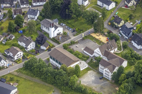 Aerial view, Catholic Church of the Nativity of the Virgin Mary and Primary School in Hützemert, Drolshagen, Sauerland, North Rhine-Westphalia, Germany, place of worship, education, educational institution, DE, Europe, religious community, place of worship, primary school, holy place, church, parish, denomination, educational institute, aerial view, aerial photography, aerial photography, religion, religious site, school, overview, bird's-eye view, overview