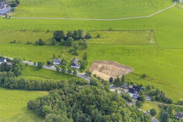 Aerial view, construction site Heerstraße, near quarry, Germinghausen, Drolshagen, Sauerland, North Rhine-Westphalia, Germany, construction work, construction area, building site, building plots, construction project, construction site, DE, Europe, aerial photograph, aerial photography, aerial photography, overview, bird's-eye view, overview