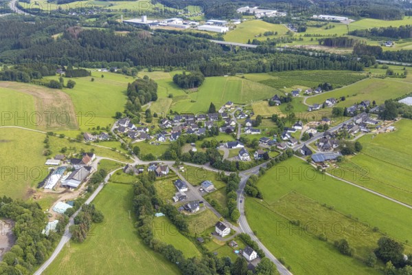 Aerial view, local view Scheda, Drolshagen, Sauerland, North Rhine-Westphalia, Germany, DE, Europe, property tax, real estate, aerial view, aerial photography, aerial photography, overview, bird's-eye view, living and life, residential area, residential buildings, quality of living, birds-eyes view, overview