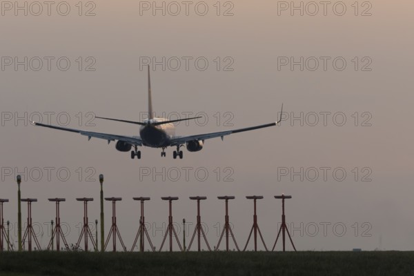 Boeing 737 jet aircraft of Ryanair airlines in flight landing at sunset at London Stansted airport, Essex, England, United Kingdom