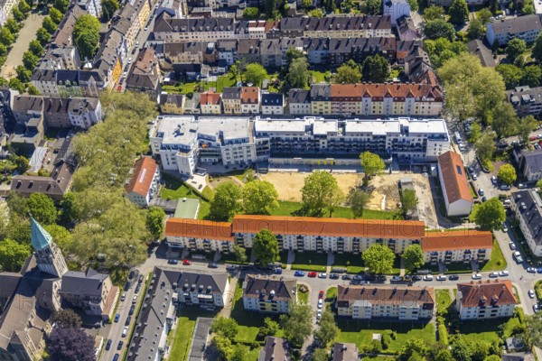 Aerial view, nursing home Am Heedbrink, Herz-Jesu-Kirche, Hörde, Dortmund, Ruhr area, North Rhine-Westphalia, Germany, retirement home, old people's home, care and nursing, DE, Europe, aerial view, aerial photography, aerial photography, care facility, retirement home, retirement residence, retirement home, senior centre, overview, bird's eye view, birds-eyes view, former blast furnace plant, overview