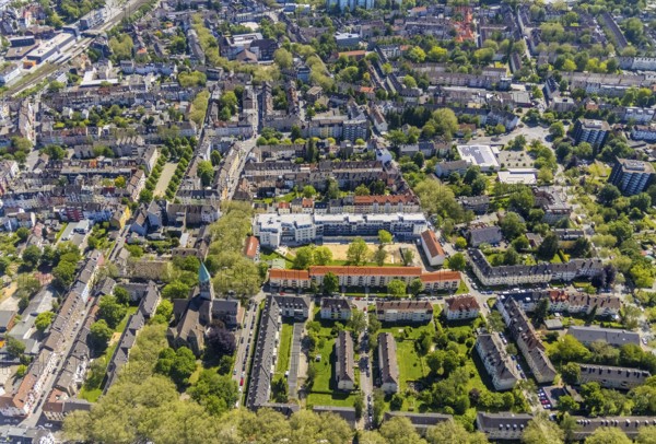 Aerial view, nursing home Am Heedbrink, Herz-Jesu-Kirche, Hörde, Dortmund, Ruhr area, North Rhine-Westphalia, Germany, retirement home, old people's home, retirement home, place of worship, care and nursing, DE, Europe, religious community, place of worship, holy place, church, parish, denomination, aerial view, aerial photography, aerial photography, care facility, religion, religious site, retirement home, retirement residence, retirement home, retirement centre, overview, bird's-eye view, birds-eyes view, former blast furnace plant, overview