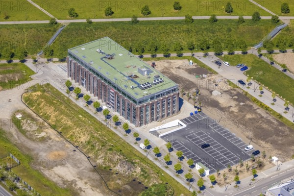 Aerial view, Phönix Arcaden office and commercial building, Antonio-Segni-Straße, Phönix-West commercial area and recreation area, Hörde, Dortmund, Ruhr area, North Rhine-Westphalia, Germany, DE, Europe, commercial enterprises, commercial area, commercial location, commercial use, industrial area, industrial location, aerial view, aerial photography, aerial photography, overview, bird's-eye view, birds-eyes view, former blast furnace plant, overview