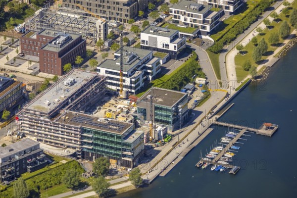 Aerial view, Phoenix Lake, boat landing stage, Hörde, Dortmund, Ruhr area, North Rhine-Westphalia, Germany, boats, DE, Europe, property tax, real estate, aerial photography, aerial photography, Phoenix Lake, sailing boats, overview, bird's-eye view, residential complex, living and living, residential area, residential buildings, residential quality, residential neighbourhood, housing estate, bird's-eye view, overview